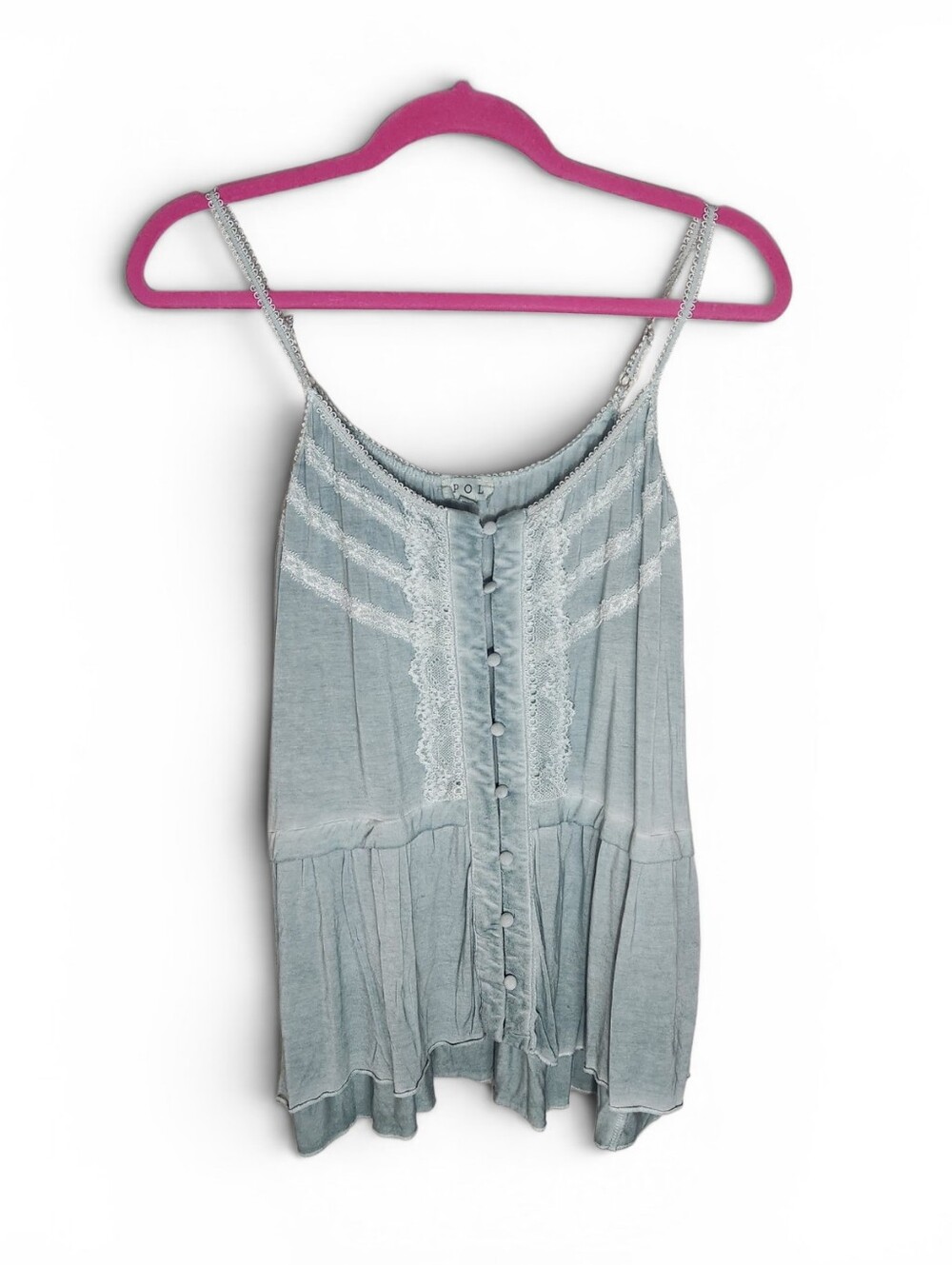 Pol Blue Lace-Trim Flowy Button Front Babydoll Cami
